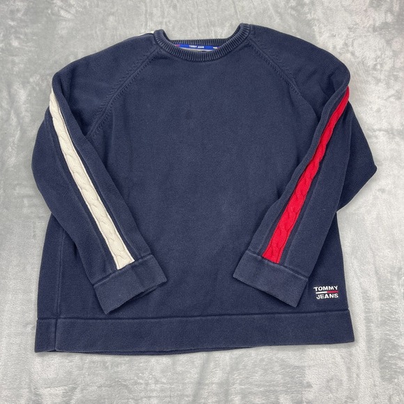 Tommy Hilfiger Other - Tommy Jeans Sweater Mens 2XL Navy Cable Knit Stripe Sleeve Crew Neck Pullover